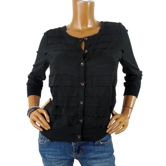 MICHAEL KORS L Top Black Button Down Cardigan Sweater Party 3/4 Sleeves Layers - Picture 3 of 9